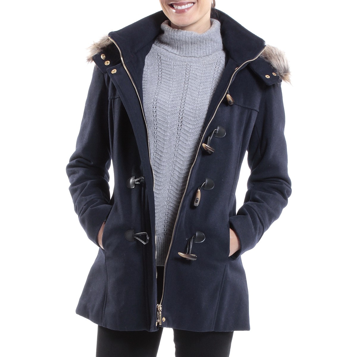 Alpine Swiss Duffy Women's Hooded Parka Fur Trim Wool Coat Toggle